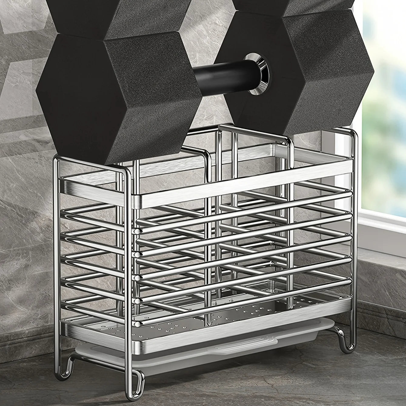 No-Drill Wall-Mounted Utensil Holder. Stainless Steel Space-Saving Organizer for Kitchen Cutlery, Ideal for Small Spaces.