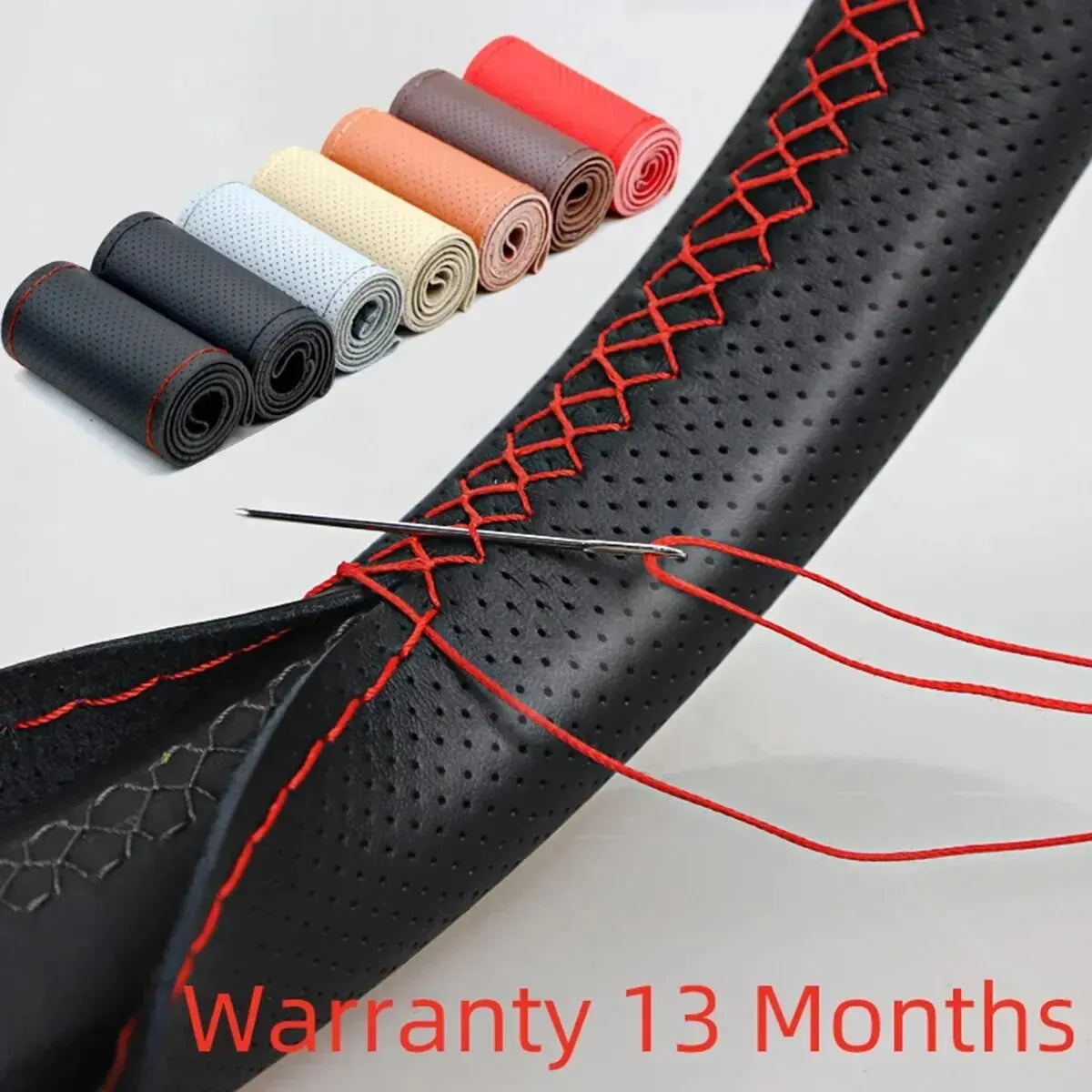 Universal Leather Car Steering Wheel Stitch On Wrap Cover Fit for 38cm 14" DIY Sewing Breathable and Anti Slip Black Grey Beige Imagen principal del producto