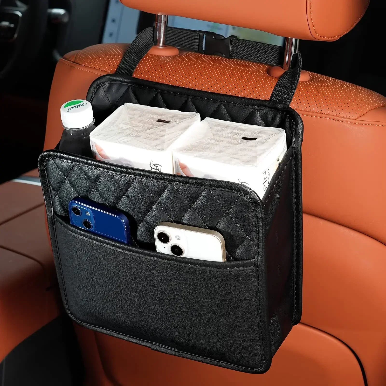 Universal Car Seat Back Organizer PU Leather Storage Bag Multi-Pocket Design Waterproof Tissue Holder Cup Holder Garbage Pocket