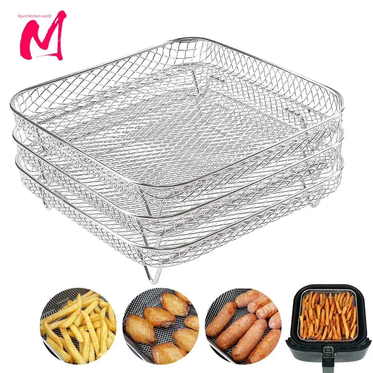 3Layer Air Fryer Racks Stainless Steel Square Air Fryer Basket Tray Stackable Dehydrator Racks Air Fryer Accessories Fit Kitchen Secondary image