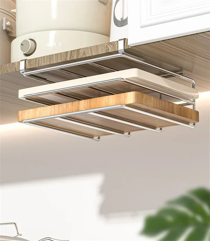 JUSTINLAU Stainless steel Kitchen Hanging Organizer Rack with Hook Paper Towel Rag Hanging Cutting Board Pot Cover Storage Shelf