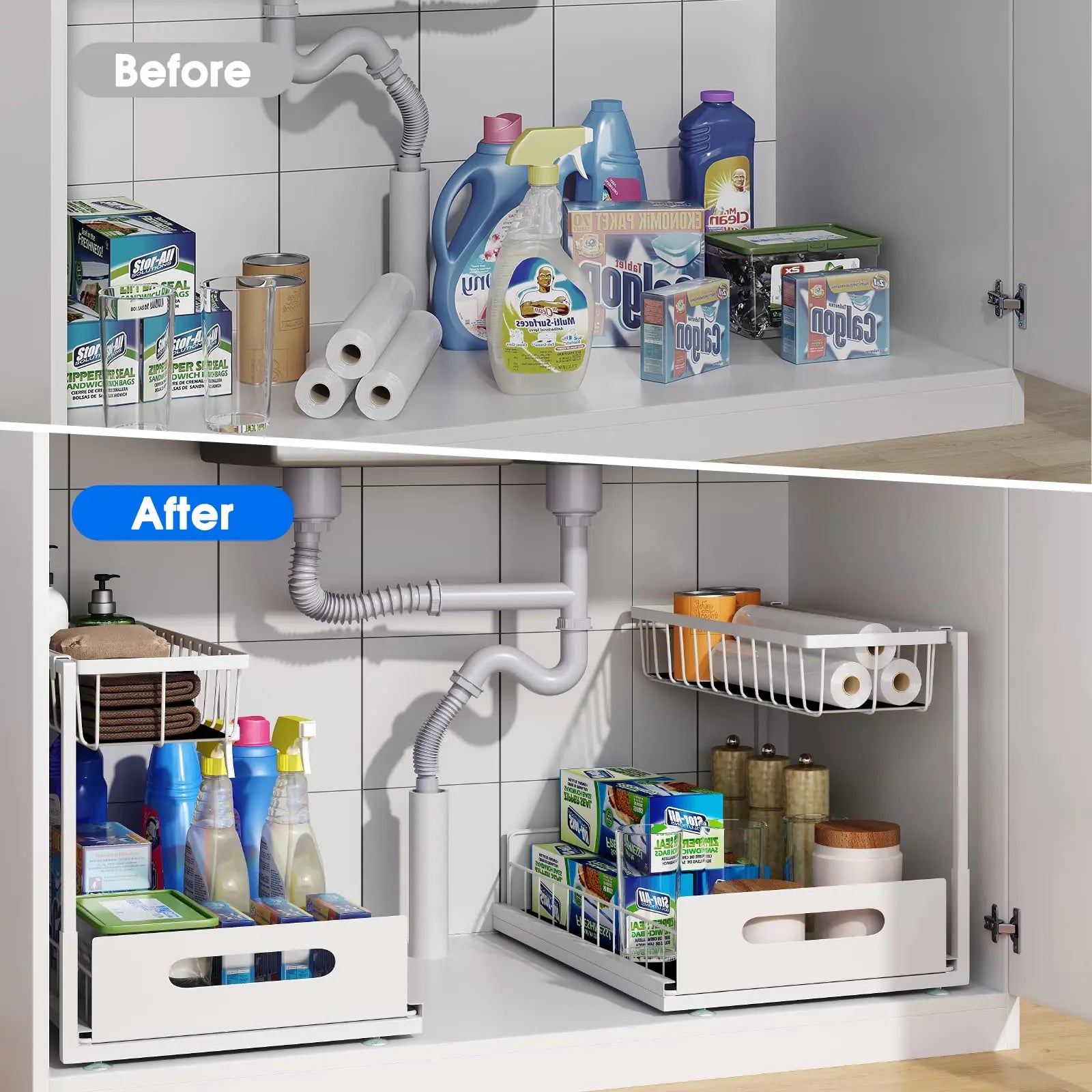 Under Sink 2 Tier Sliding Cabinet Basket Organizer Drawer Pull Out Cabinet Multi-Purpose  Sink Organizer for Bathroom Kitchen