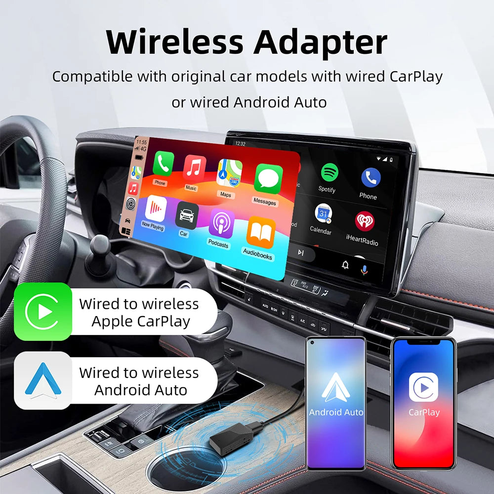 2 in 1 AI Box Mini Adapter Wired to Wireless Carplay&Android Auto Compatible with 99% of Cars Plug and Play WiFi Smart Dongle