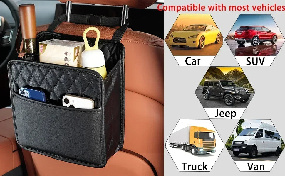 Universal Car Seat Back Organizer PU Leather Storage Bag Multi-Pocket Design Waterproof Tissue Holder Cup Holder Garbage Pocket