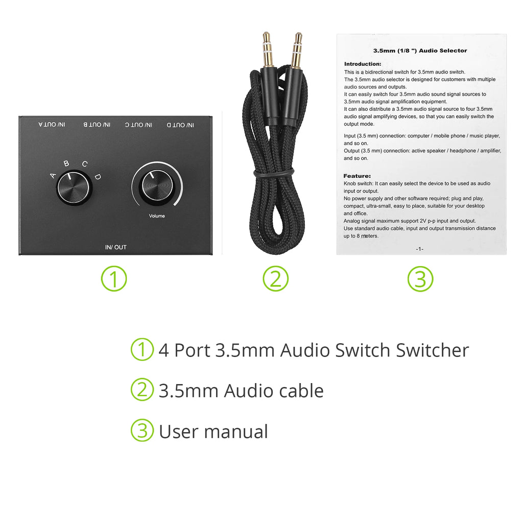 4 Way/2 Way 3.5mm Stereo Audio Switcher Bi-Directional Audio Switch Splitter Box 2 In 1 Out 4 In 1 Out with Mute Button
