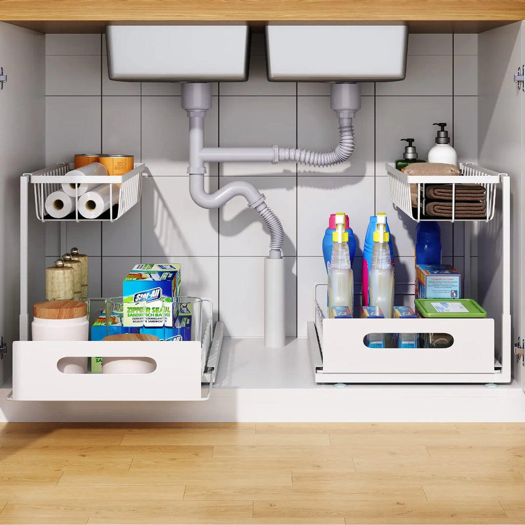 Under Sink 2 Tier Sliding Cabinet Basket Organizer Drawer Pull Out Cabinet Multi-Purpose  Sink Organizer for Bathroom Kitchen