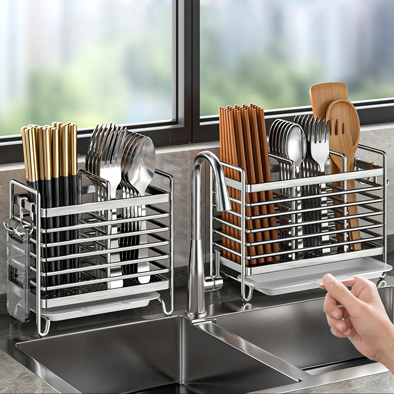 No-Drill Wall-Mounted Utensil Holder. Stainless Steel Space-Saving Organizer for Kitchen Cutlery, Ideal for Small Spaces.