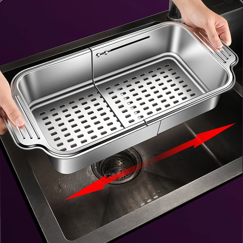 Stainless steel telescopic sink filter basket, adjustable length, used for cleaning fruits, draining spaghetti and dishes Imagen principal del producto