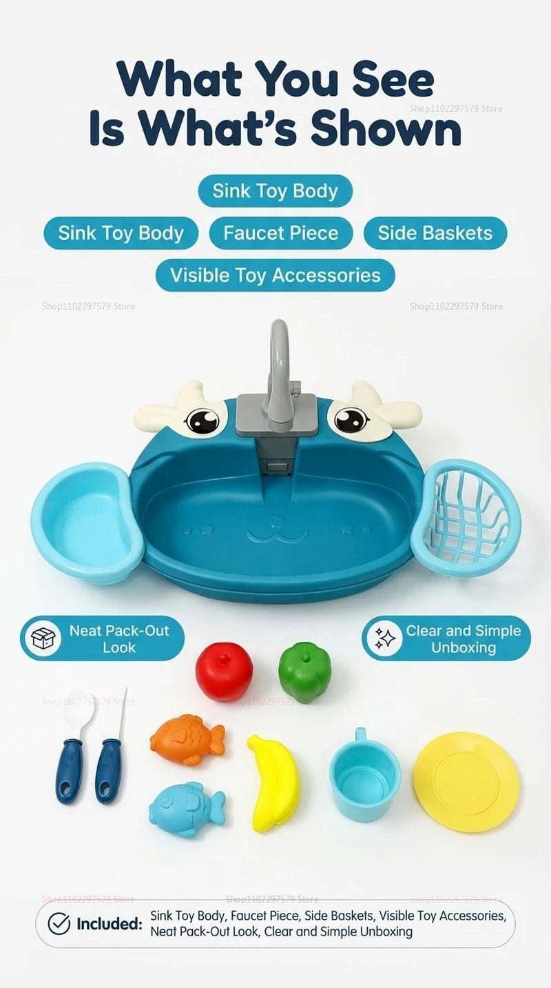 Children Play Kitchen Set with Simulated Dishwasher Sink Hand Basin Electric Circulating Water Toy for Boys Girls Kids Role Play
