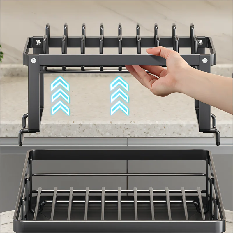 Stainless Steel Dish Drying Rack Adjustable Kitchen Plates Organizer with Drainboard Over Sink Plate Drainer Storage Organizer Image secondaire du produit