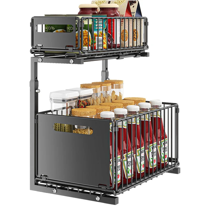 Pull-Out Under Sink Organizer, 2-Tier Adjustable Height Sliding Shelf for Kitchen/Bathroom Cabinet Storage, Black & White