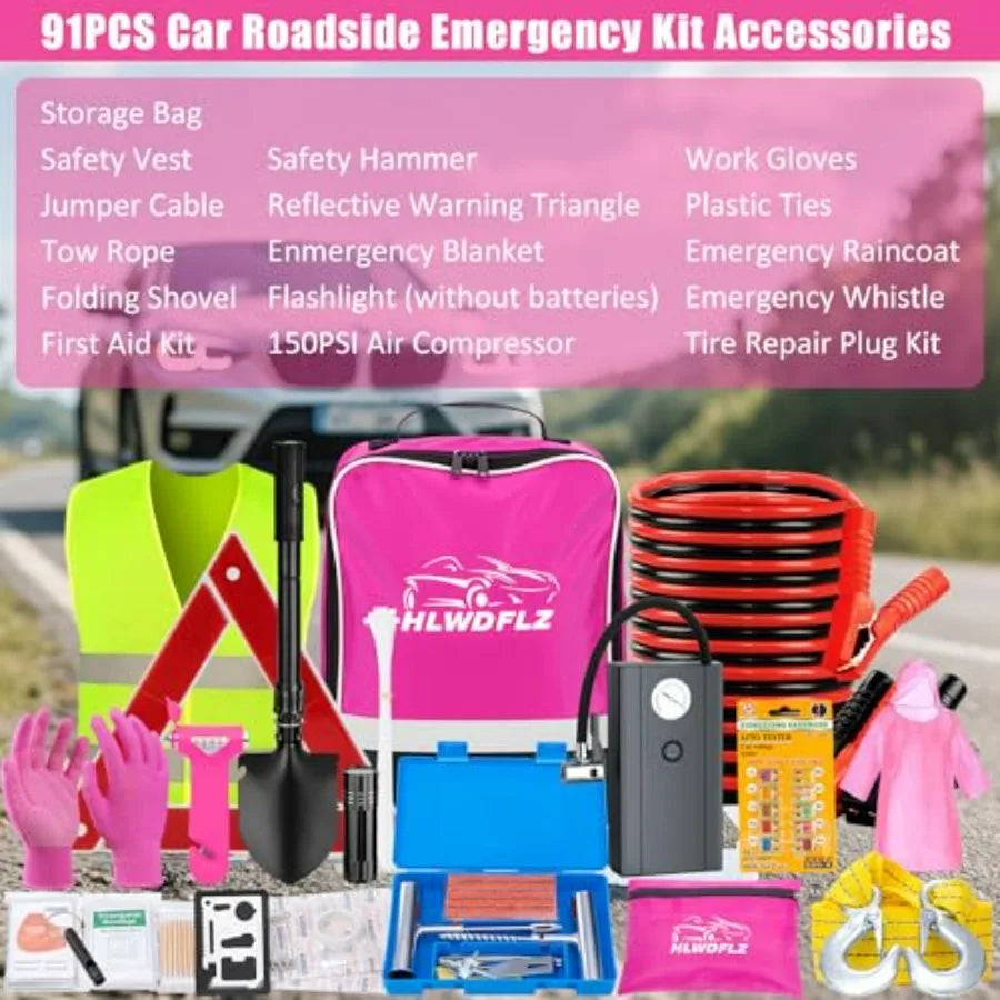 Car Roadside Emergency Kit Vehicle Truck Safety Emergency Road Side Assistance Kits with Jumper Cables Pink