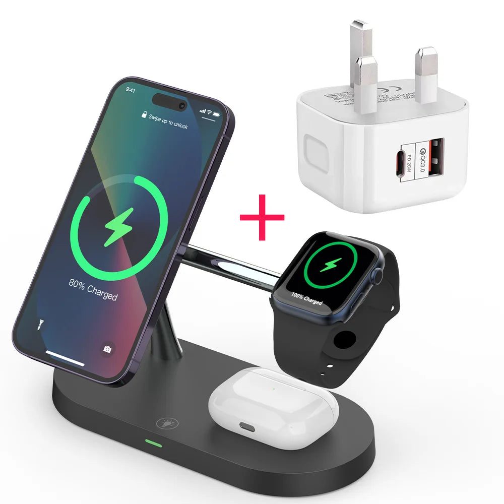 3 in 1 Wireless Charger Stand Magnetic For iPhone 12 13 14 15 Fast Charging Station for Apple Watch 9 8 7 6 5 Airpods 2 3 Pro