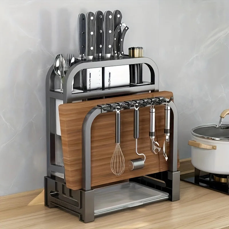 1pc Stainless Steel Knife Holder Kitchen Rack Home Countertop Cutting Board Rack Cutting Board Knife Integrated Storage Rack Imagen principal del producto