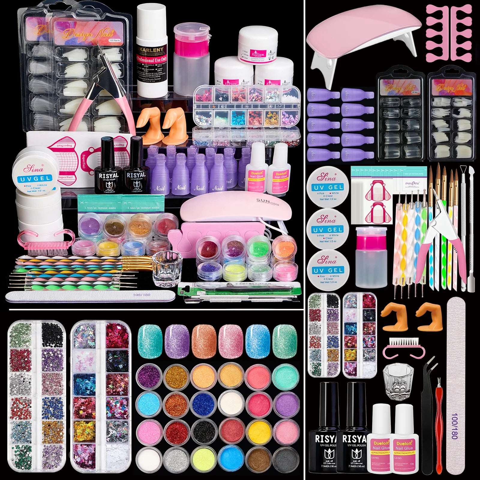 Acrylic Nail Kit with UV Light, Professional Nail Kit Acrylic Set for beginners with Everything 3PC Powder 24PC Glitter Fake Tip Imagen principal del producto
