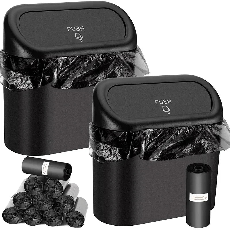 The covered car trash can contains 3 black garbage bags. The small car trash can is leak proof and miniature Imagen secundaria del producto