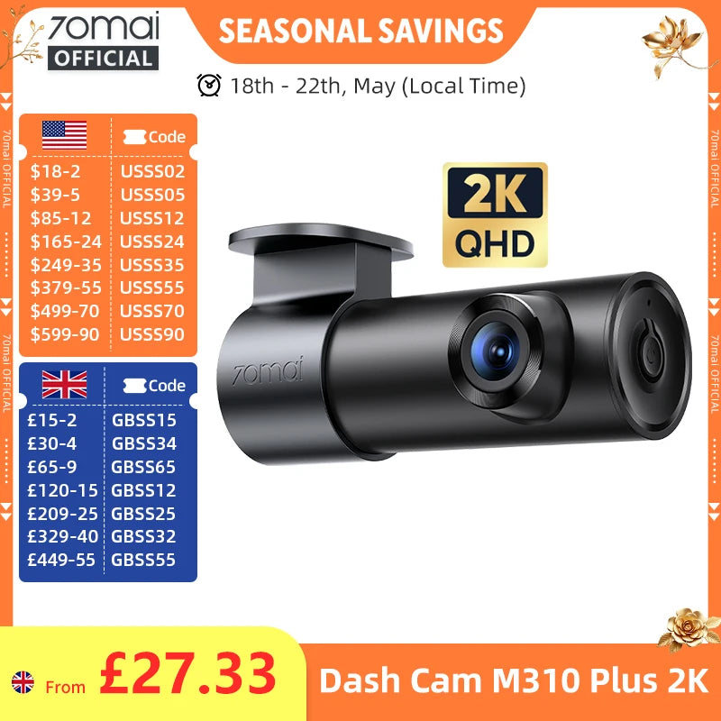 70mai Dash Cam M310 Plus 2K 1440P 143°FOV F1.55 Smart Voice Control 24H Parking Guard Night Vision 70mai M310 Plus 2K Car DVR Imagen principal del producto