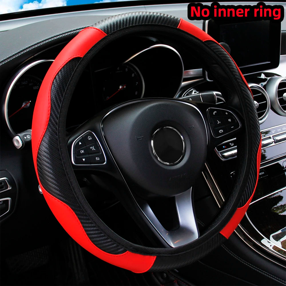 PU Carbon Fiber Leather Car Steering Wheel Cover without Inner Ring Suitable for 14.5-15 Inches of Automotive Supplies Imagen principal del producto