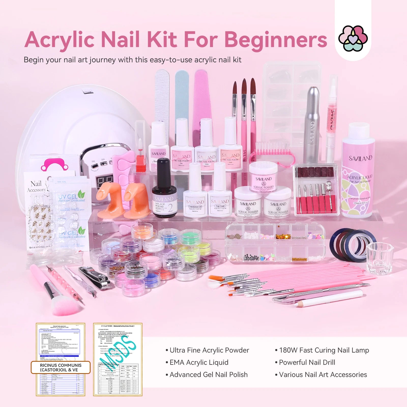 SAVILAND Complete Acrylic Nail Kit for Beginners with Keratin Powder Castor Oil Gel Polish 180W Lamp Nail Drill Full Set Tools Imagen secundaria del producto