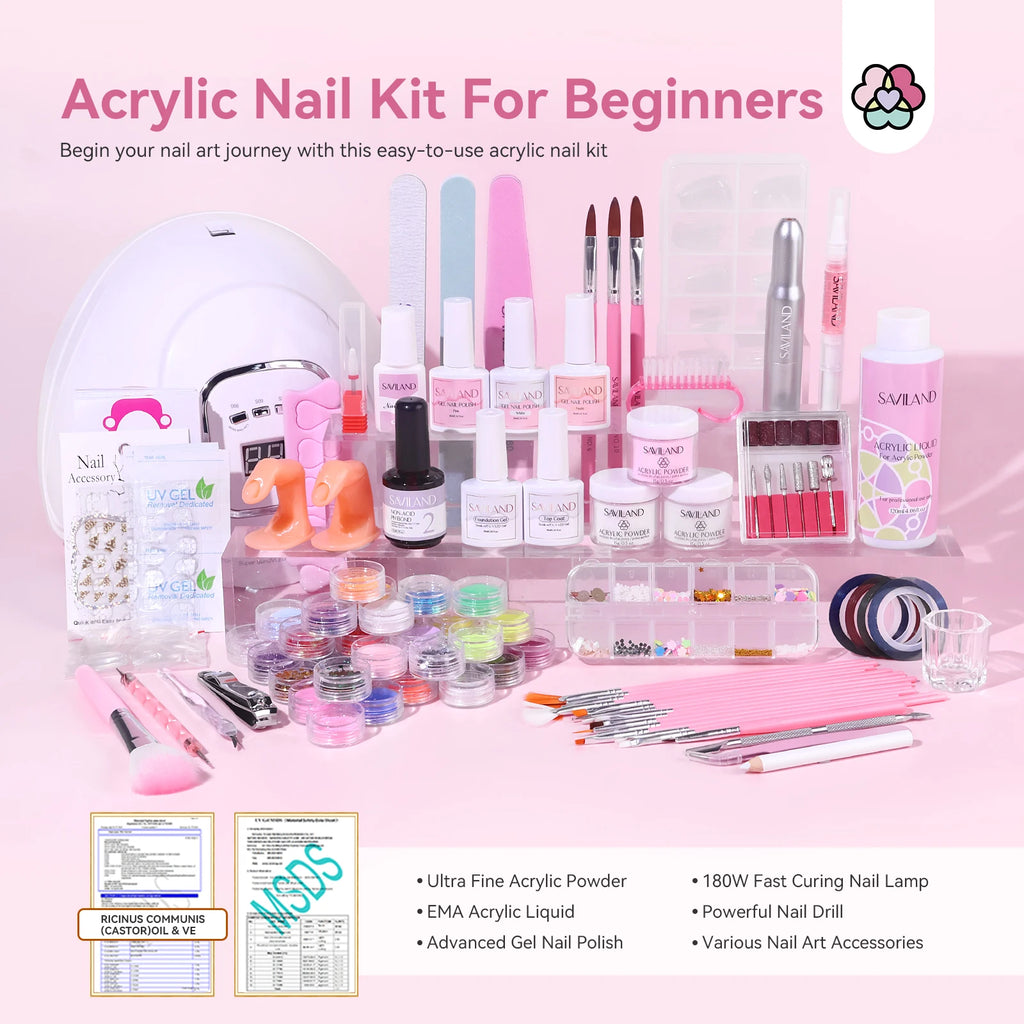 SAVILAND Complete Acrylic Nail Kit for Beginners with Keratin Powder Castor Oil Gel Polish 180W Lamp Nail Drill Full Set Tools