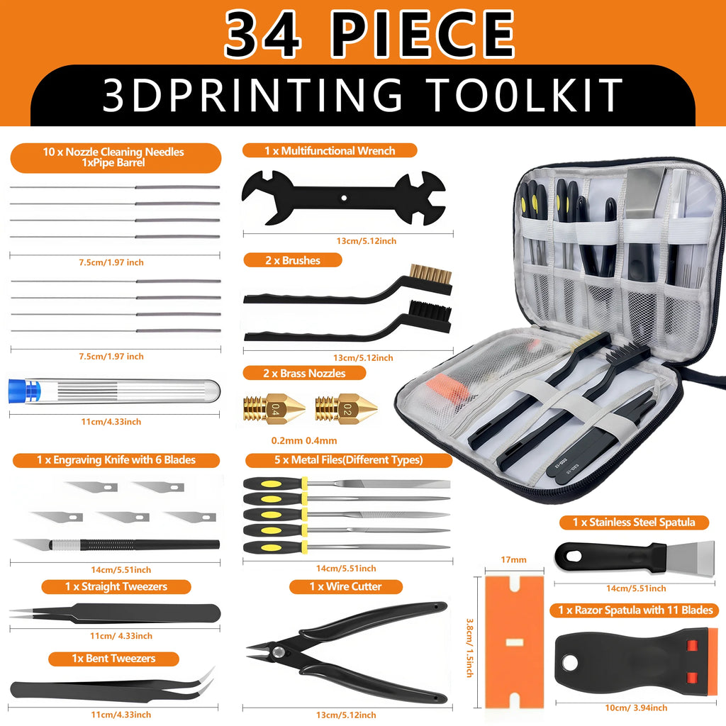 3D Printer Tool Kit 34PCS Maintenance with Nozzle Cleaning Tools, Scraper, Brushes, File Set, Cutter, Knife for FDM/SLA Printers