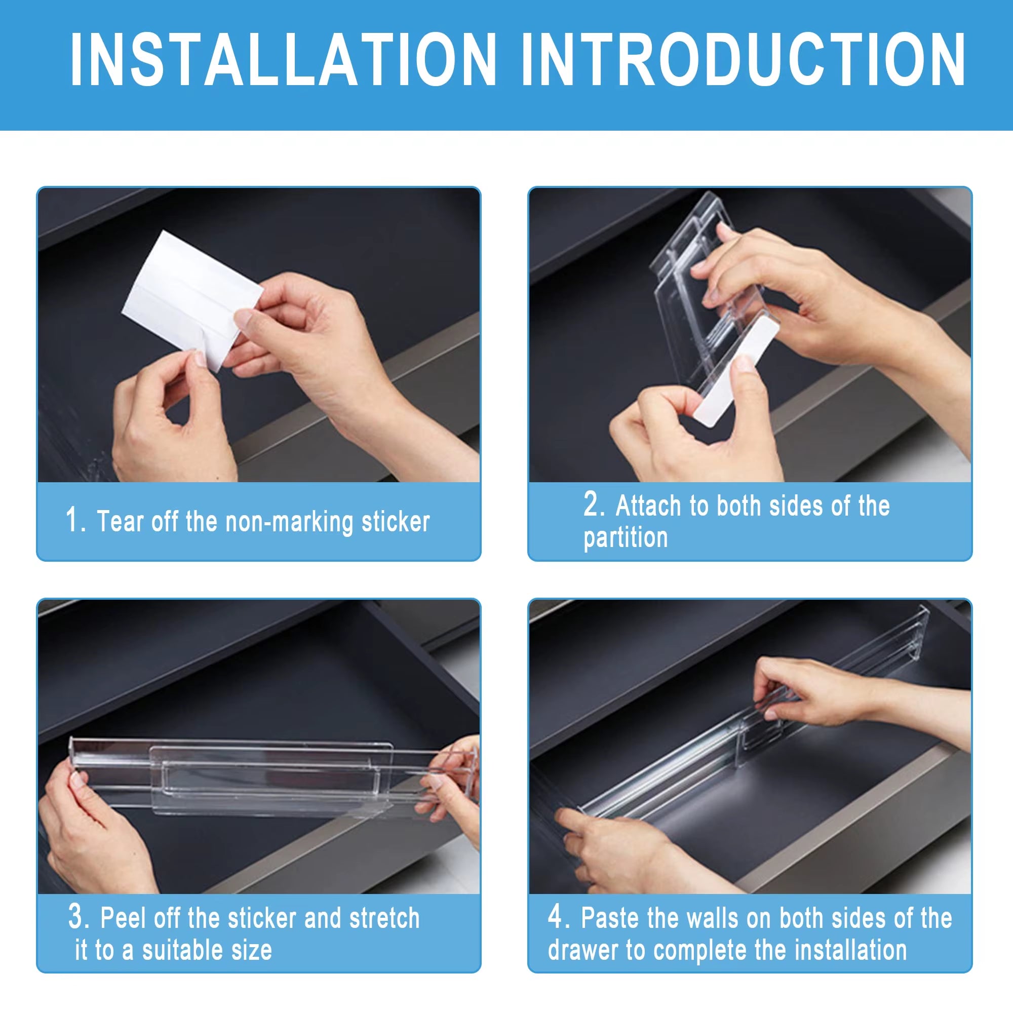 Drawer Dividers Organizers 4 Pack, Adjustable 8Cm High Expandable from 27.5-52Cm Kitchen Drawer Organizer, Clear Plastic