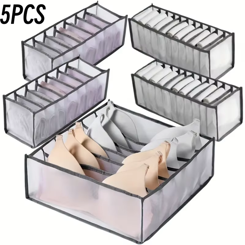 5-Pack Home Storage Boxes Foldable Plaid Underwear Combination Bags - Nylon Drawer Dividers for Socks, Panties and Underwear Main image
