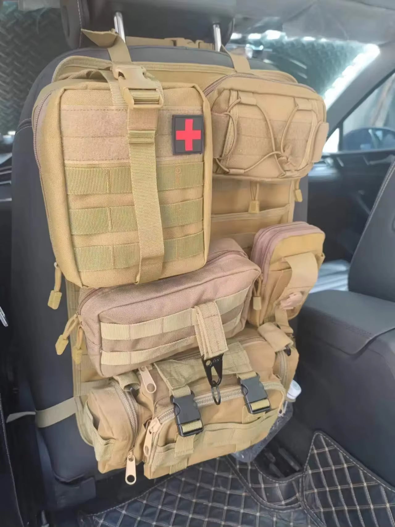 Tactical Seat Back Organizer Vehicle Molle Panel Storage, with 5 Detachable Molle Pouches, Universal Car Seat Organizer