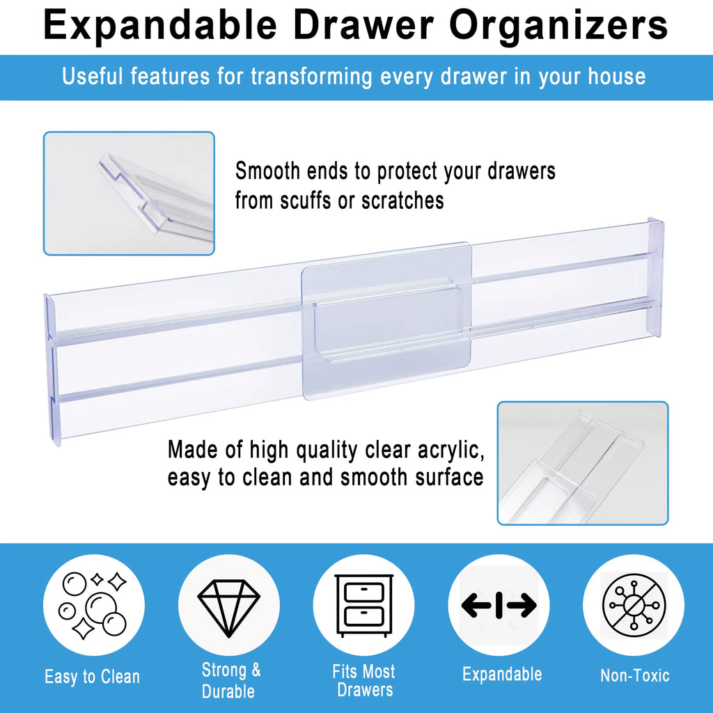 Drawer Dividers Organizers 4 Pack, Adjustable 8Cm High Expandable from 27.5-52Cm Kitchen Drawer Organizer, Clear Plastic