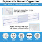 Drawer Dividers Organizers 4 Pack, Adjustable 8Cm High Expandable from 27.5-52Cm Kitchen Drawer Organizer, Clear Plastic