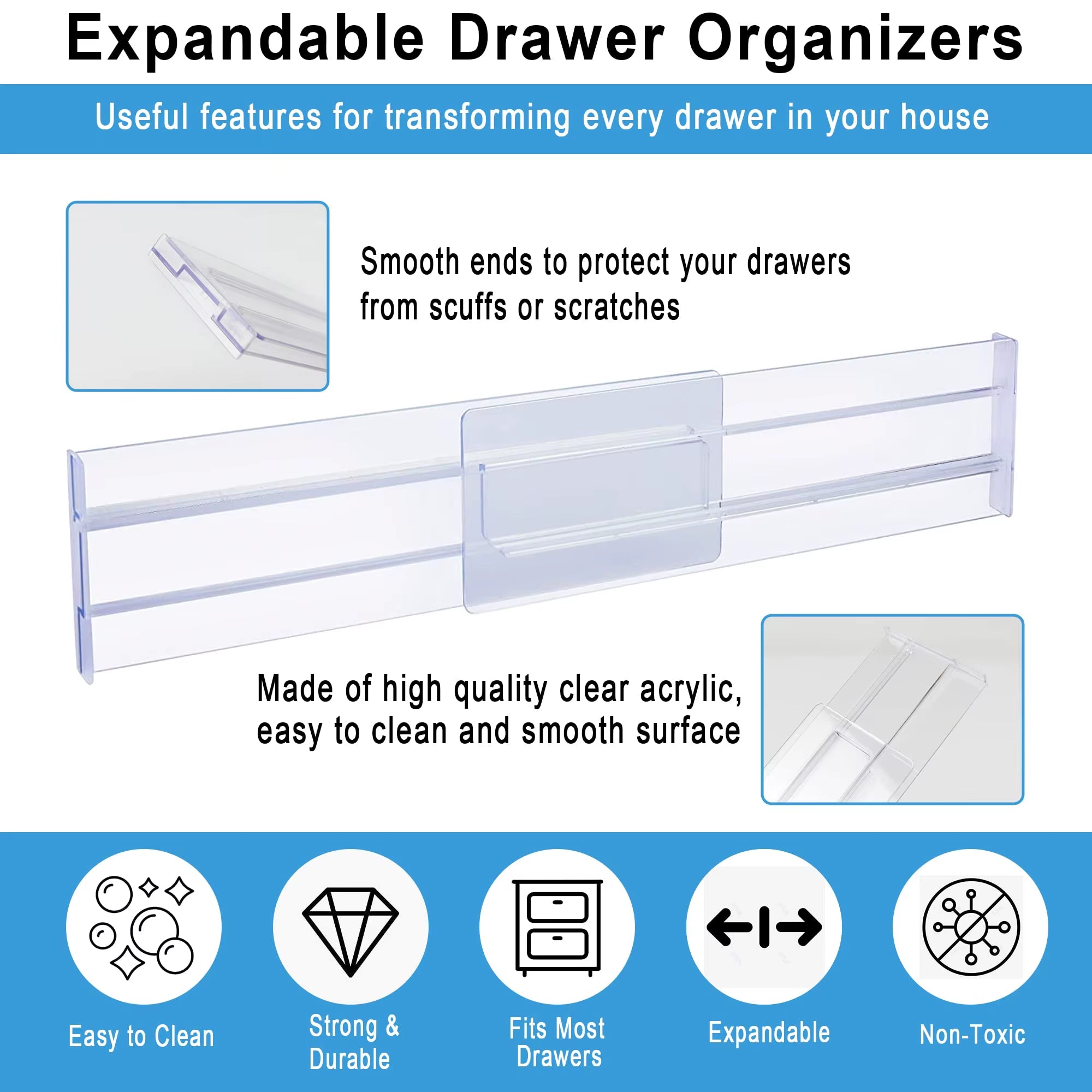 Drawer Dividers Organizers 4 Pack, Adjustable 8Cm High Expandable from 27.5-52Cm Kitchen Drawer Organizer, Clear Plastic