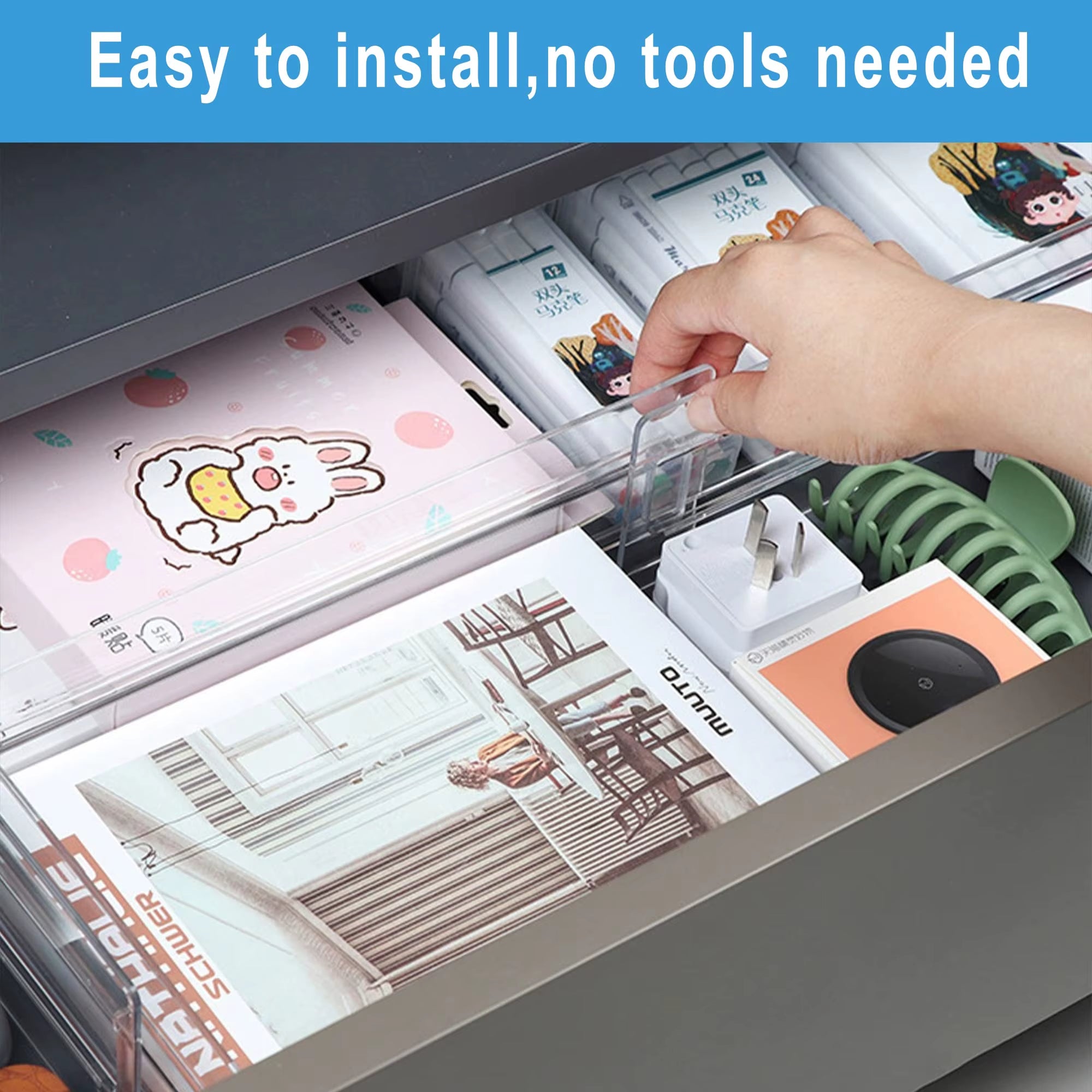 Drawer Dividers Organizers 4 Pack, Adjustable 8Cm High Expandable from 27.5-52Cm Kitchen Drawer Organizer, Clear Plastic