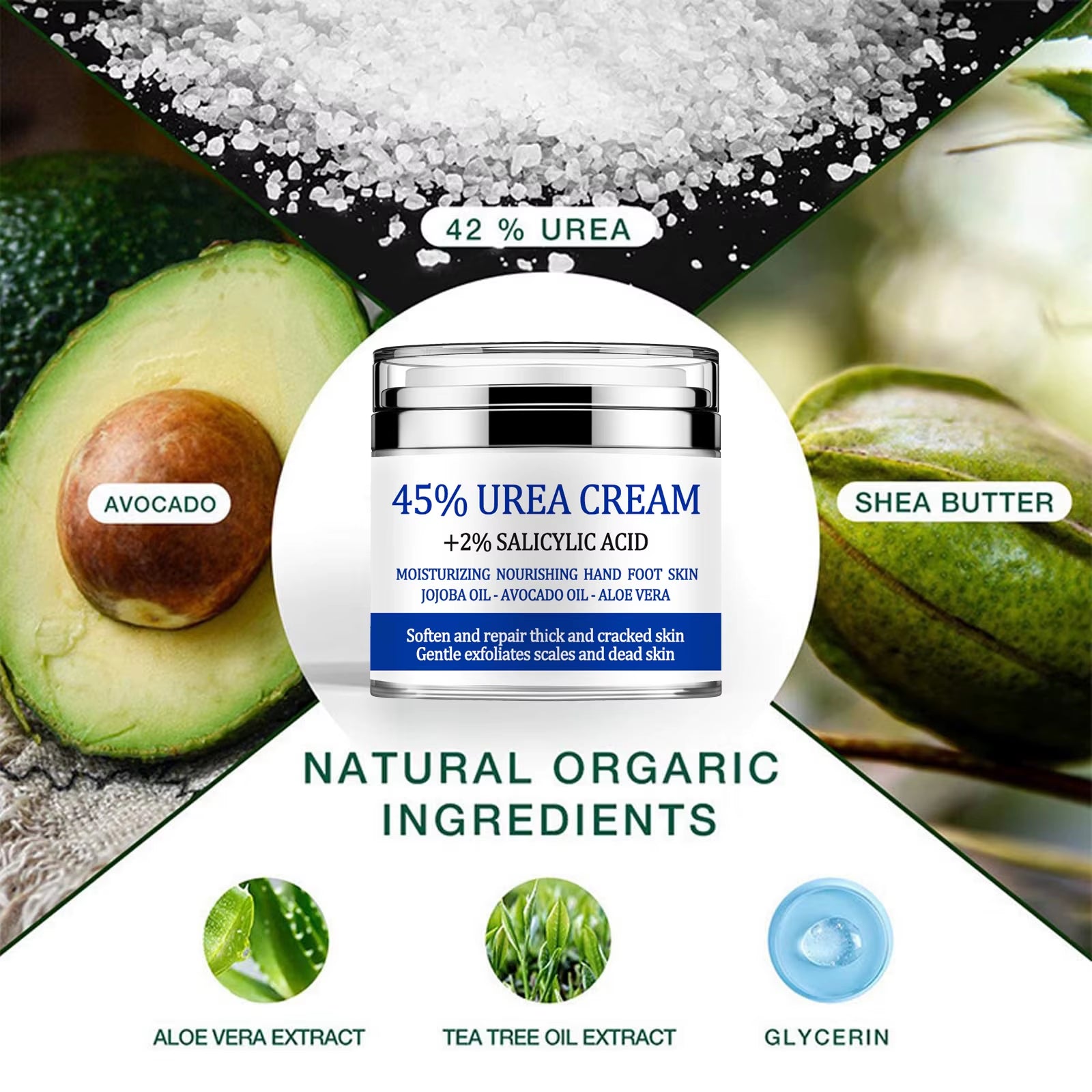 Urea Cream 42%, Foot Cream for Dry Cracked Heels, Urea Cream 42 Percent for Feet, Moisturizing & Exfoliating Foot Cream with 2%