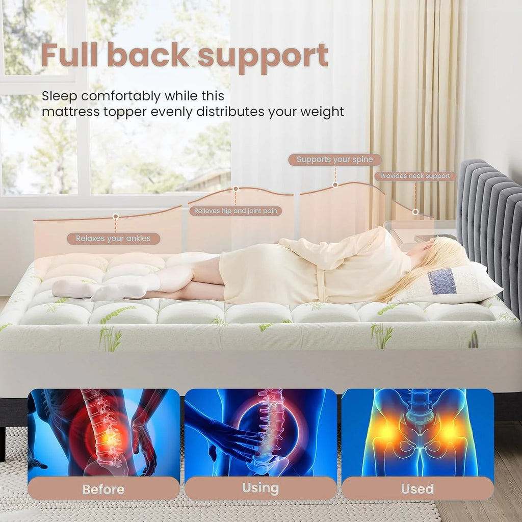 Ultra Queen Size Soft Mattress Topper, Viscose Derived from Bamboo with Pillow Top Design, Thick Cooling Pad for Back Pain Relief, Deep Pocket for Mattress, Naturally Cooling for Hot Sleepers, Green