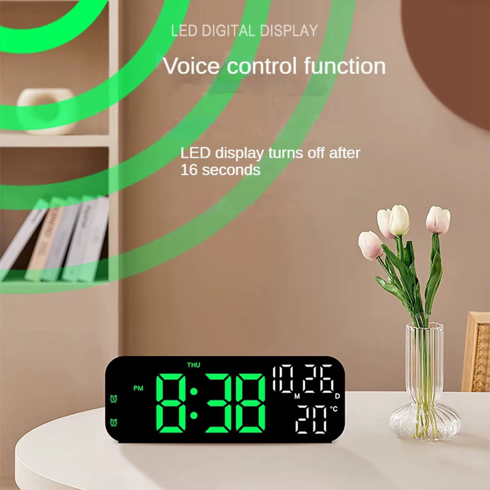 Digital Alarm Clock Temperature and Date Week Display Night Mode Table Clock Voice Control 12/24H Electronic LED Alarm Clocks