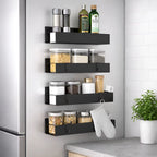 4 Pack Magnetic Fridge Spice Rack, Rustproof Steel Matte Black Storage Shelf with Hooks for Kitchen Organization