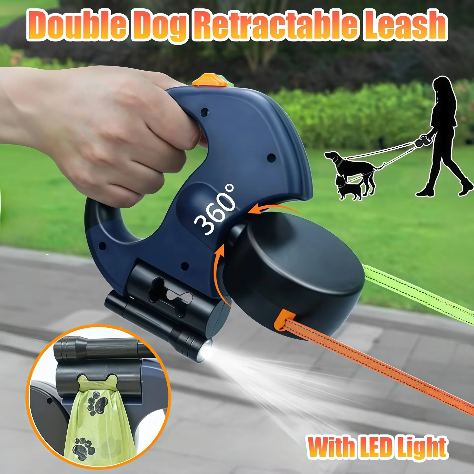 Automatic Retractable Two-End Pet Leash Dog Leash with Flashlight One Tow Two Easy to Walk Your Dog