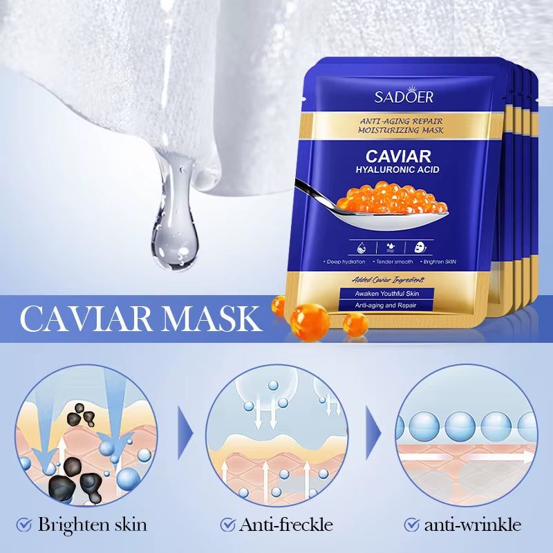 5Pcs Caviar Hyaluronic Acid Moisturizing Facial Masks Brightening Firming Hydrating Face Mask Facial Skin Care Products