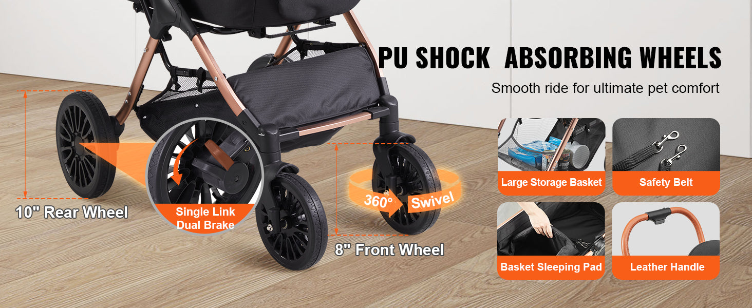SucceBuy 66 lbs Pet Stroller Foldable Dog Puppy Stroller with Brakes Storage Basket Detachable Carrier for Small to Medium Dogs